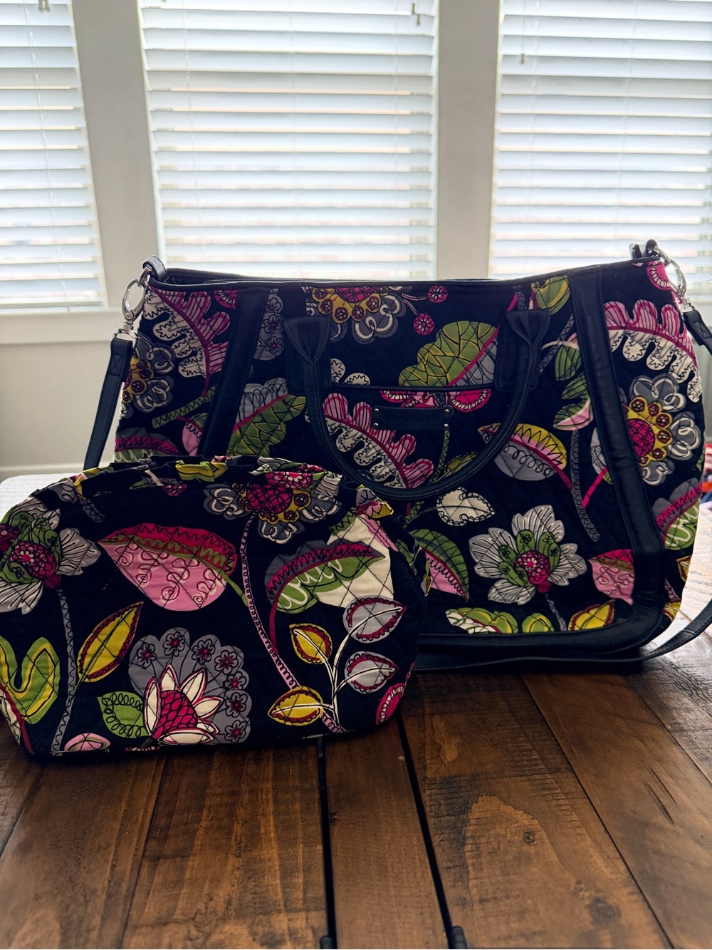 Vera Bradley Moon Blooms Quilted Trapeze Tote Bag & Cosmetic Case Black Floral